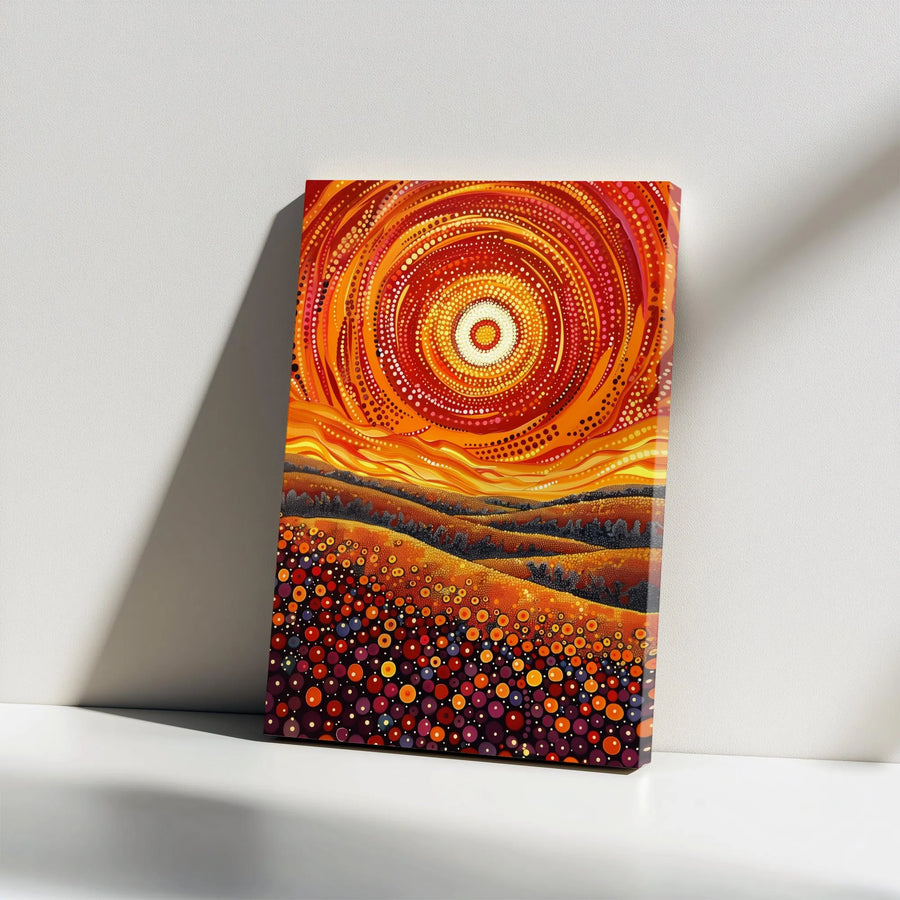 Abstract Sun Canvas Print | Vibrant Pointillism Sunset Landscape | Premium Gallery Wrapped Canvas | Boho Living Room Decor Gift