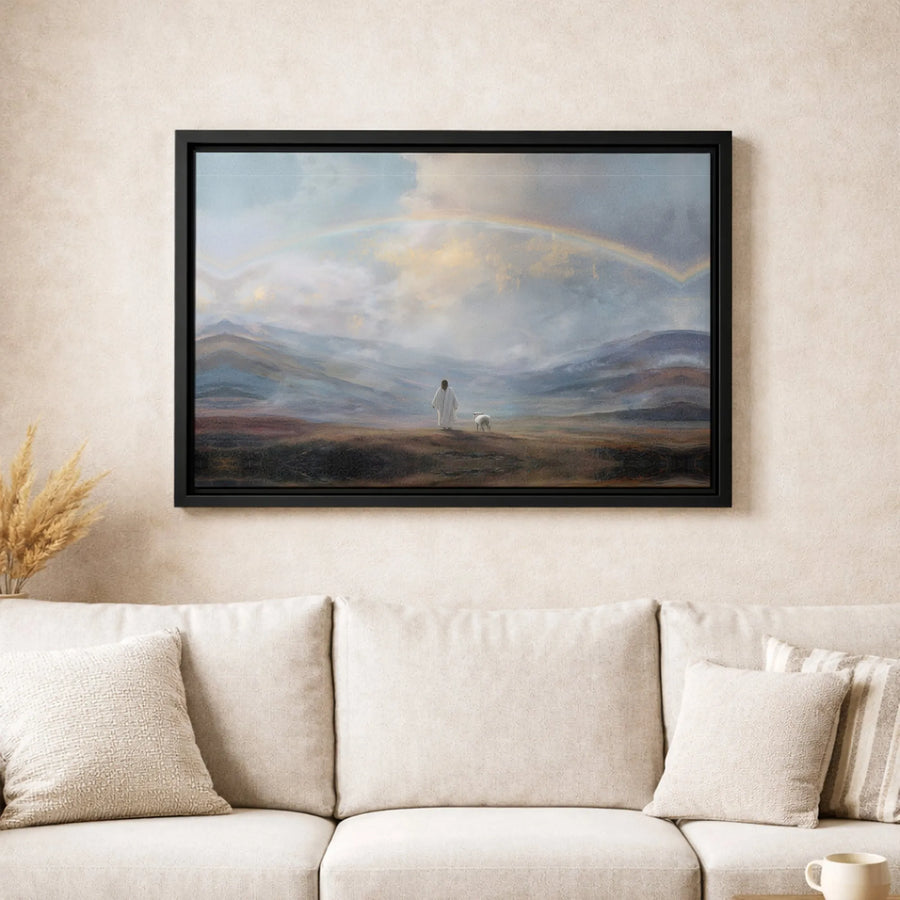 Jesus Walking With Lamb Canvas Wall Art | Serene Mountain Rainbow Landscape | Premium 1.25" Gallery Wrap | Inspirational Christian Home Decor Gift