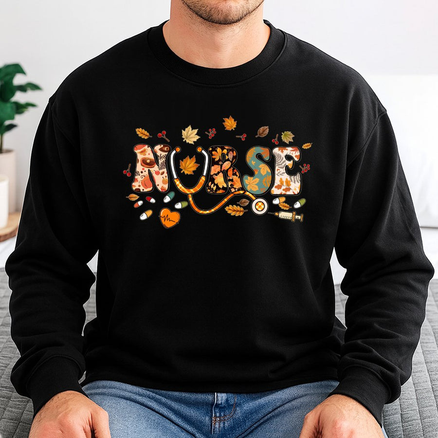 Nurse Sweatshirt | Autumn Leaves Stethoscope Design | Cotton-Poly Blend | Cute Fall Medical Gift for Registered Nurses and Nursing Students