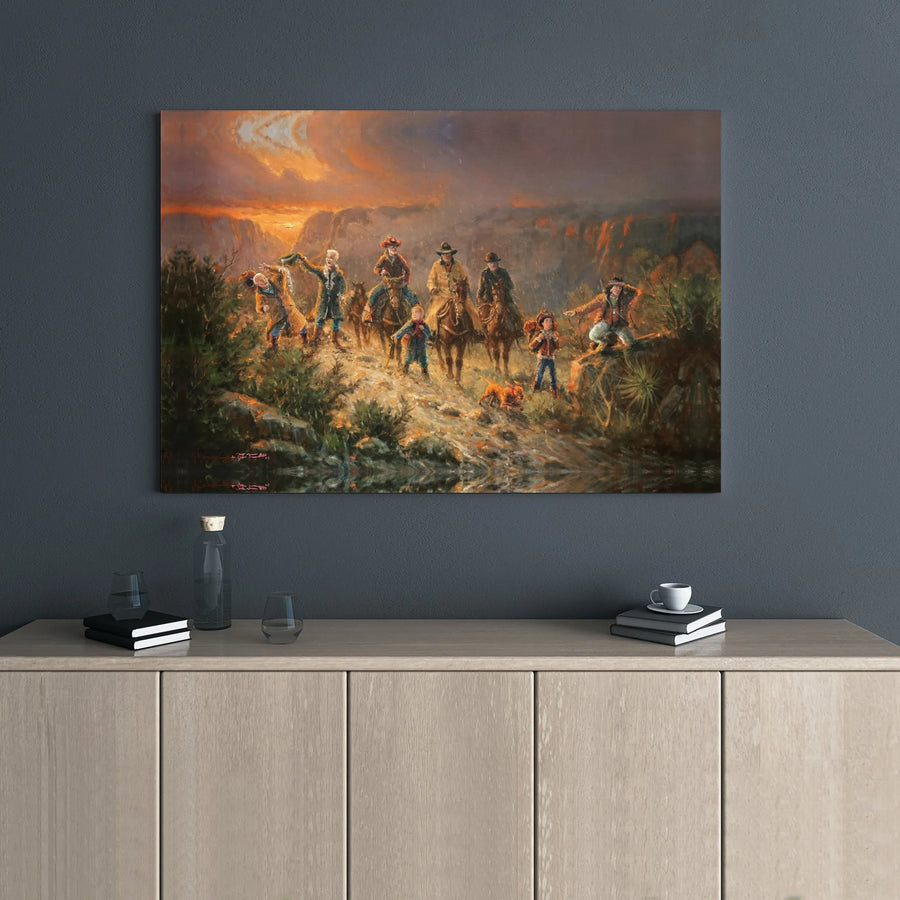 Western Canvas Wall Art | Pioneer Cowboy Canyon Painting | Premium Gallery Wrapped Decor | Rustic Home Office Gift