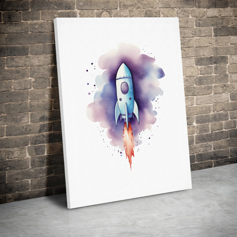 Rocket Ship Wall Art | Watercolor Space Galaxy Canvas Print | Premium 1.25-Inch Gallery Wrap | Nursery Decor & Kids Room Gift