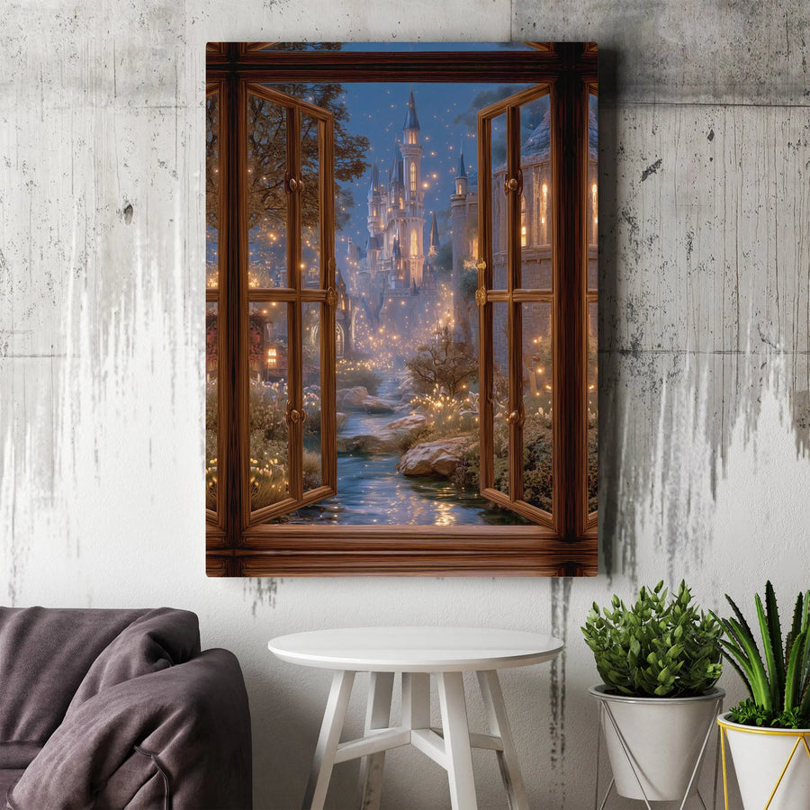 Magical Fantasy Castle Window Canvas Print | Enchanted Night Forest View Wall Art | Premium Fade-Resistant Gallery Wrap | Whimsical Home Decor Gift