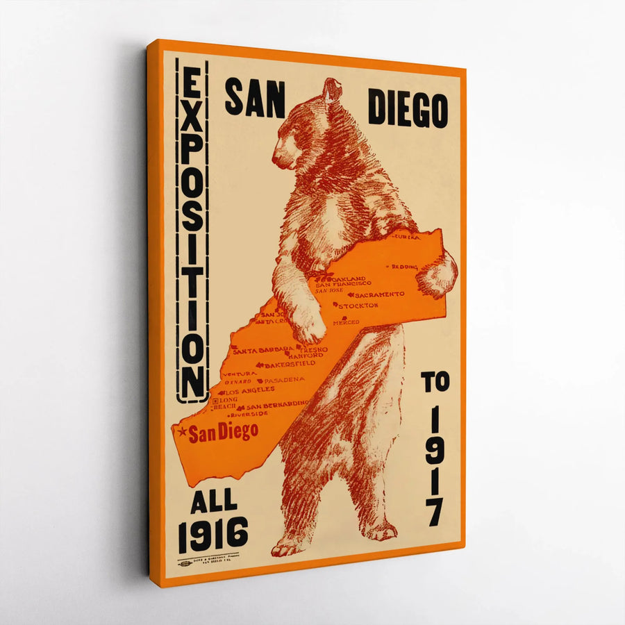 San Diego Exposition 1916 Poster Art | Vintage California Bear Map Print | Premium Gallery Wrapped Canvas | Historical Home Office Decor Gift