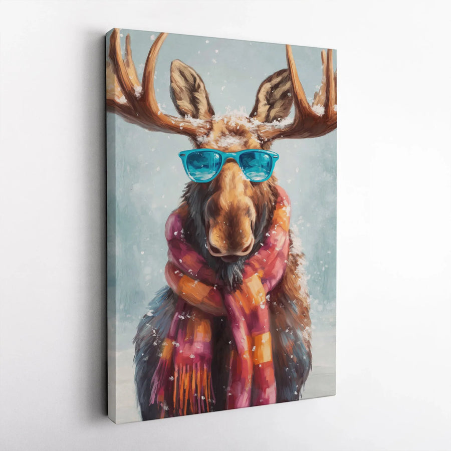 Cool Moose Wall Art | Funny Winter Animal Painting | Premium Gallery Wrapped Canvas | Whimsical Cabin Decor Gift