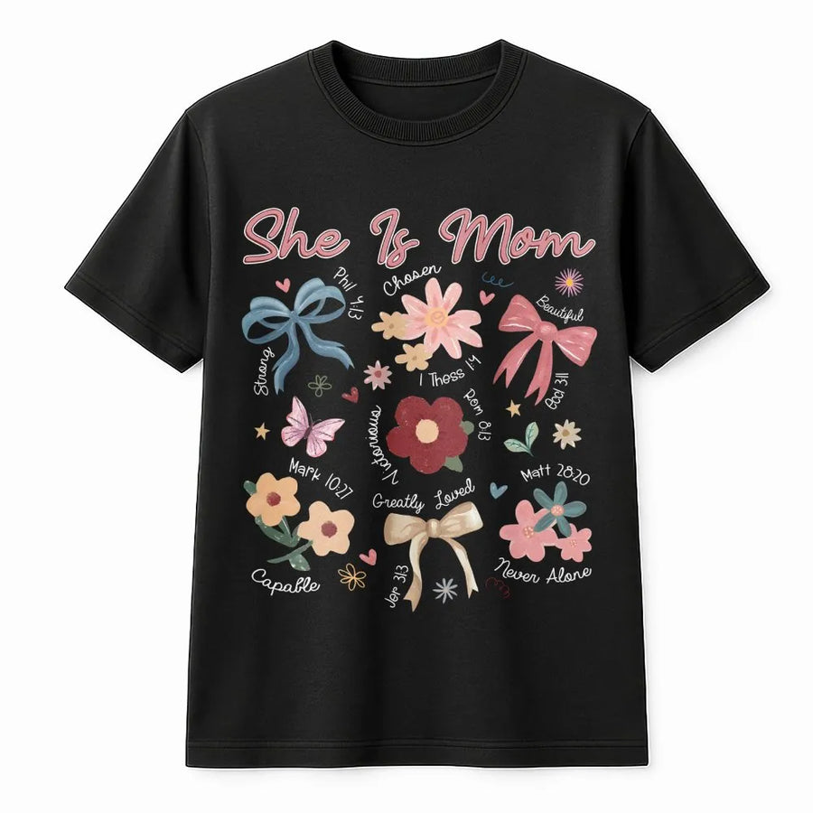 She Is Mom Floral Bible Verse T-Shirt | Boho Christian Mama Aesthetic | 100% Cotton Premium Tee | Faith-Based Mother's Day 2026 Gift for Her