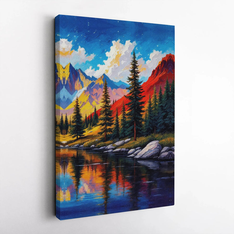 Vibrant Mountain Landscape Canvas | Impressionist Lake Reflection Wall Art | Premium Fade-Resistant Print | Nature Lover Home Decor Gift