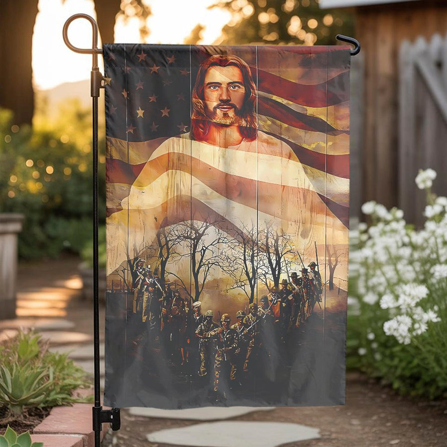 Jesus and American Soldier Garden Flag | Patriotic Religious Yard Decor | Premium Weather-Resistant Polyester | Memorial Day Gift for Veterans