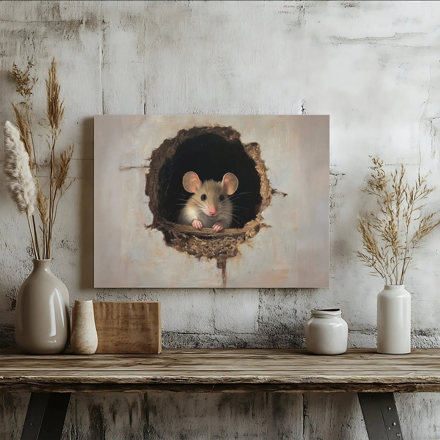 Cute Mouse In Wall Canvas Print | Whimsical Animal Peeking Hole Art | Premium Gallery-Wrapped Wall Decor | Unique Nursery & Office Gift