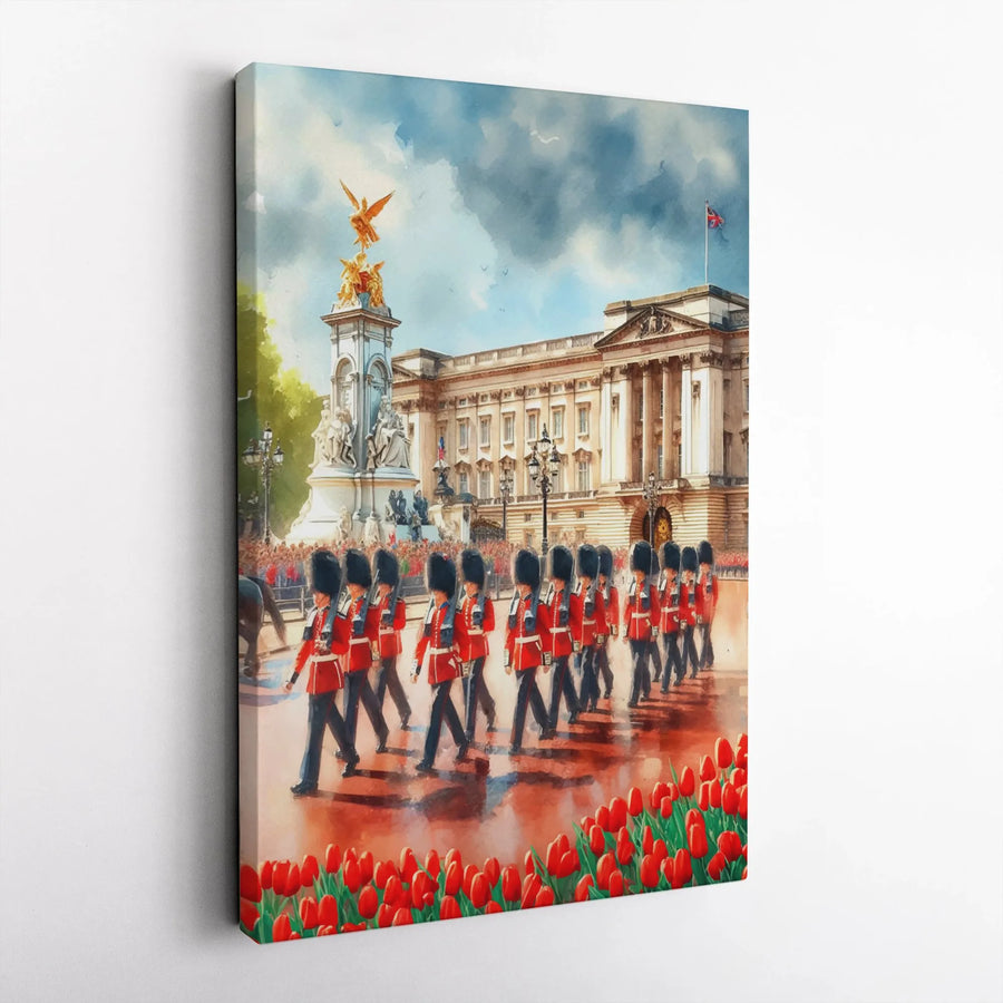 Buckingham Palace Canvas Print | Queen's Guard Watercolor Painting | Premium Gallery Wrap Wall Art | British Travel Decor Gift