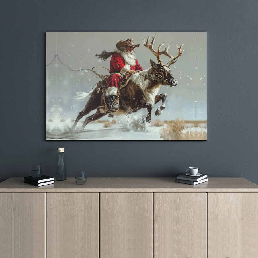 Cowboy Santa Riding Reindeer Canvas Wall Art | Rustic Western Christmas Decor | Premium 1.25 Inch Gallery Wrap | Holiday Gift for Western Decor Lovers