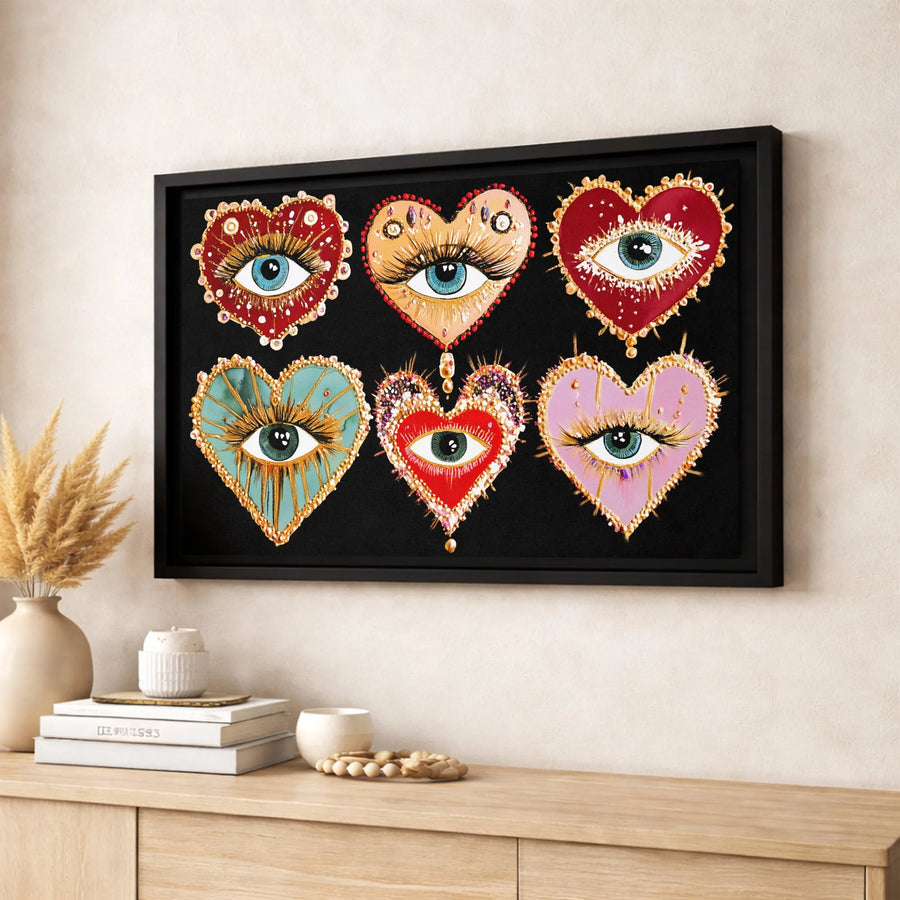 Evil Eye Heart Canvas Wall Art | Colorful Boho Decor Prints | Gallery Quality Stretched Frames | Spiritual Protection Gift for Home Office