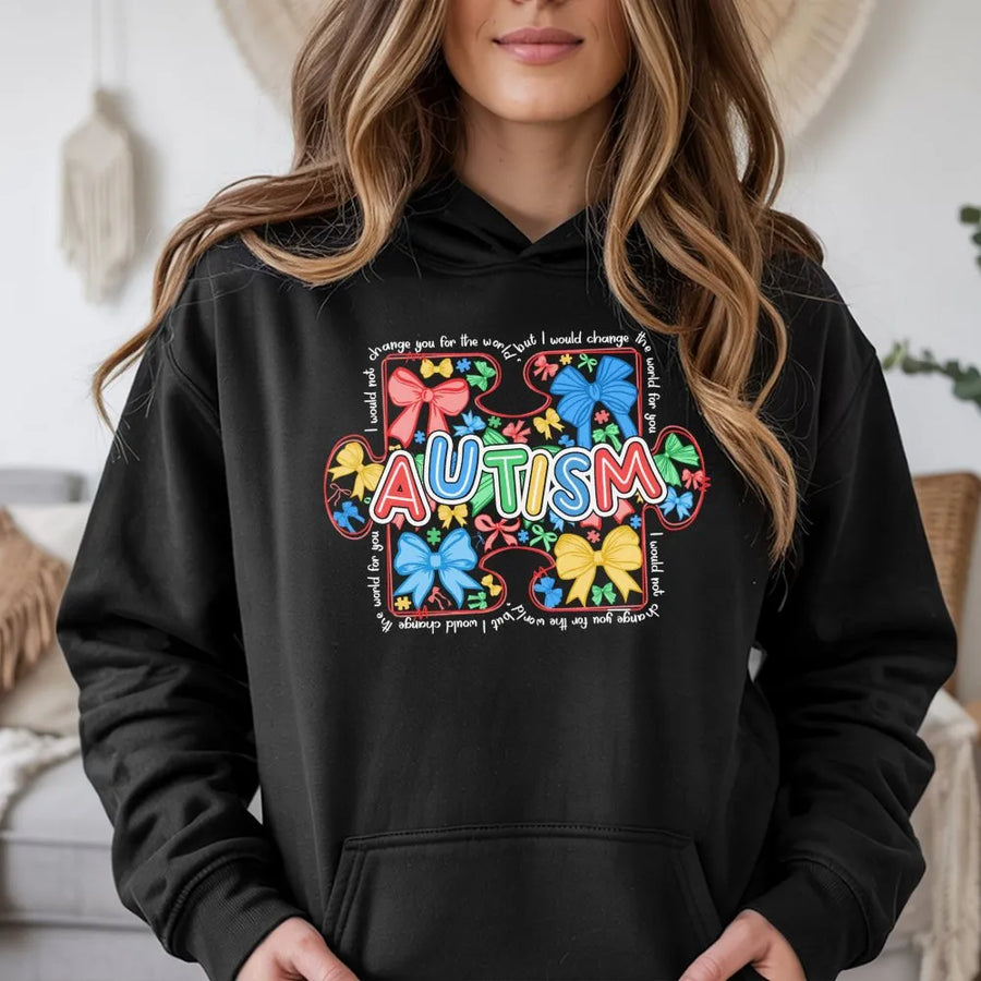 Autism Awareness Hoodie | Colorful Puzzle Piece Bow Graphic | Soft Cotton Tee | Neurodiversity Advocate Support Gift