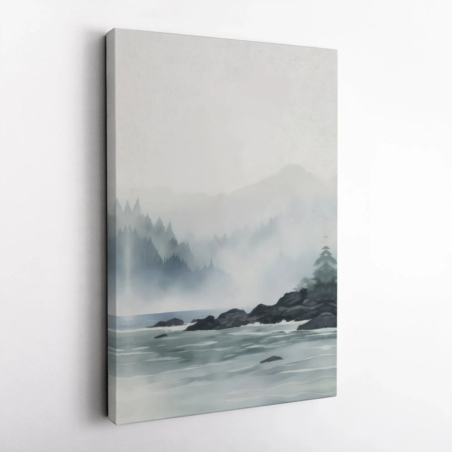 Misty Mountain Forest Canvas Wall Art | Watercolor River Landscape Print | Gallery Wrapped Premium Decor | Nature Inspired Gift for Living Room