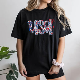 USA Floral Coquette T-Shirt | Patriotic Bow Graphic Print | Premium Soft Cotton | 4th of July Independence Day Gift for Women