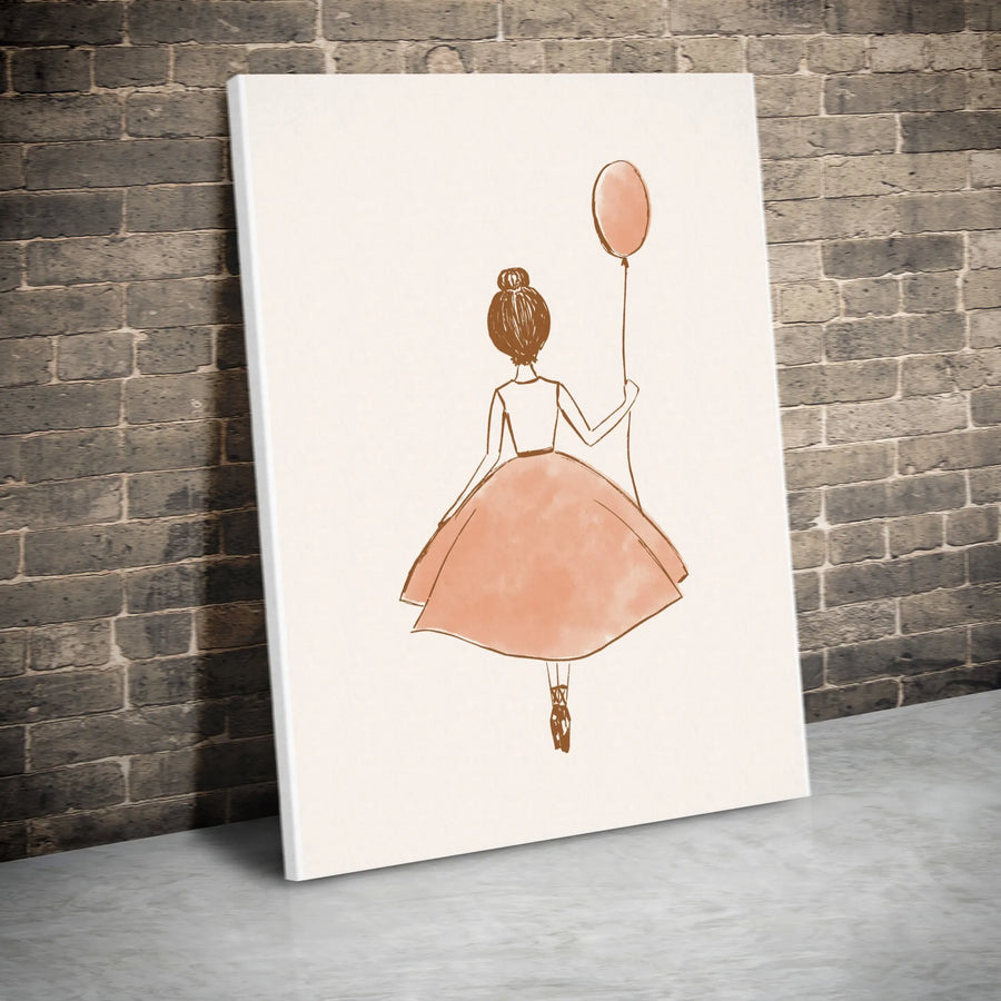 Ballerina Vertical Canvas | Minimalist Dancer with Balloon Sketch | Premium Thick Gallery Wrap Art | Girls Nursery Decor Gift