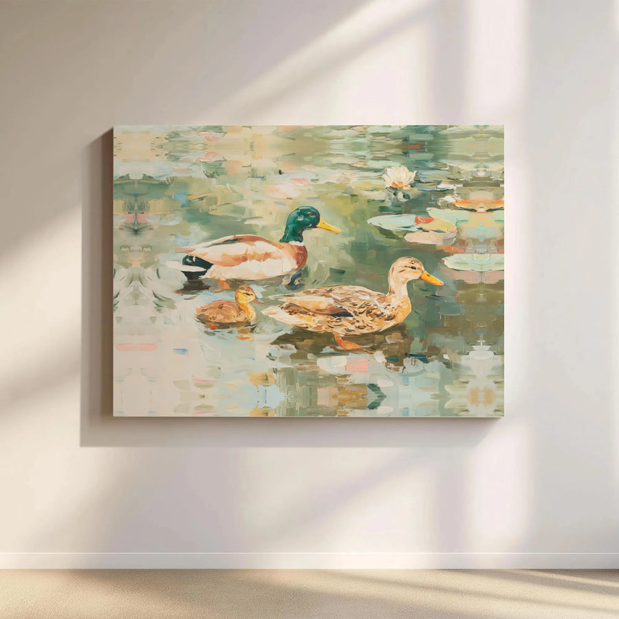 Mallard Duck Family Canvas Wall Art | Impressionist Pond Painting | Premium Gallery Wrapped Decor | Nature Lover Living Room Gift