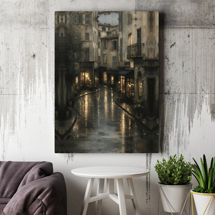 Rainy Parisian Street Canvas Print | Impressionist Night Cityscape | Gallery Wrapped Wall Art | Elegant Home Office Decor Gift