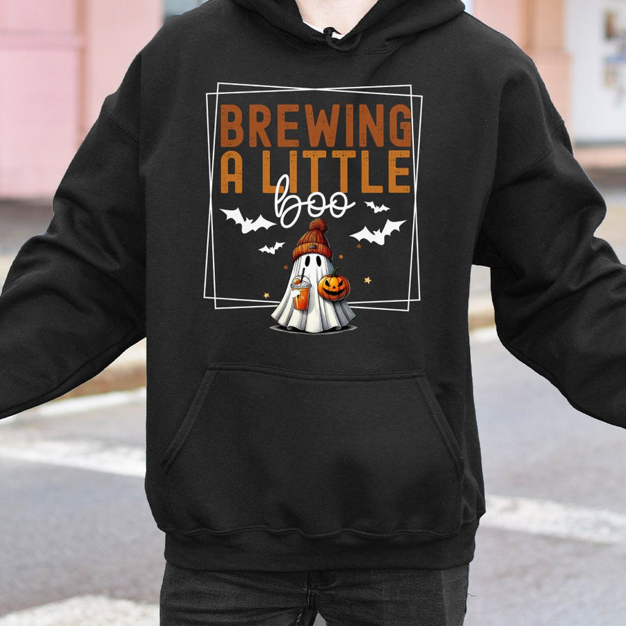 Brewing A Little Boo Hoodie | Cute Ghost Pumpkin Coffee Design | Premium Cotton-Poly Blend | Cozy Halloween Sweatshirt Gift For Women