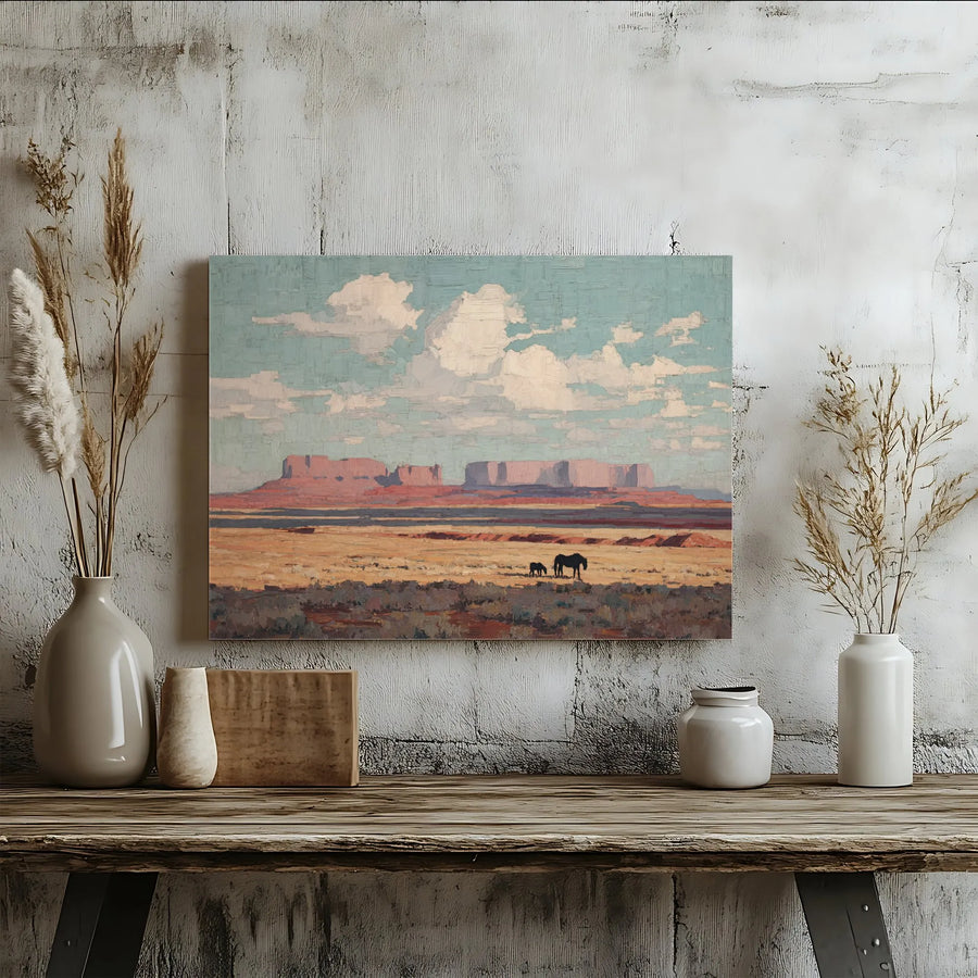 Southwestern Desert Canvas Wall Art | Painterly Western Landscape with Horses | Premium Gallery Wrapped Canvas | Rustic Farmhouse Living Room Decor