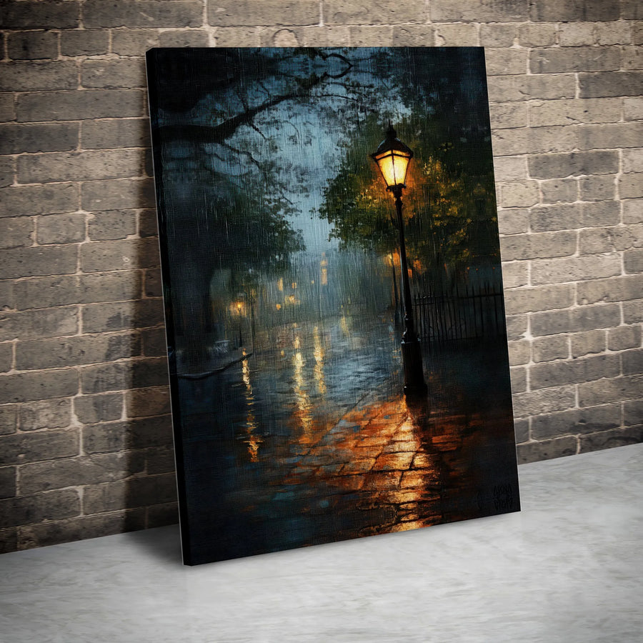 Rainy Night Street Canvas Print | Impressionist Gas Lamp Painting with Reflections | Premium 1.25" Thick Gallery Wrapped Wall Art | Moody Living Room Decor Gift