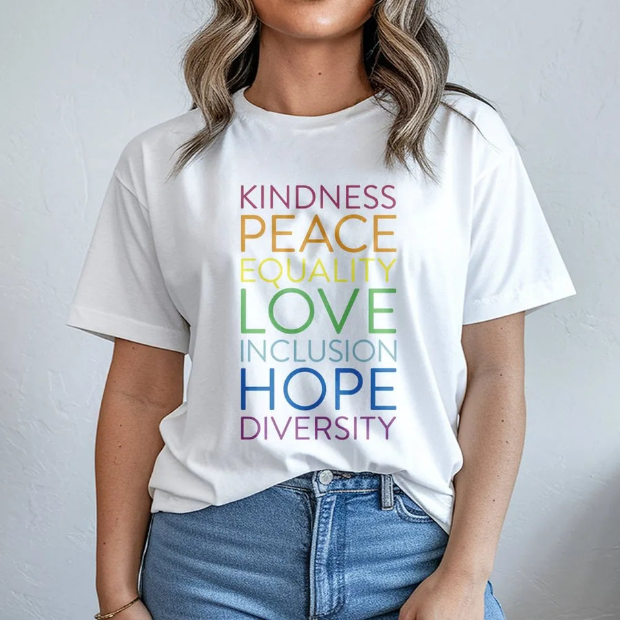 Kindness Equality T-Shirt | Rainbow Typography Graphic Design | 100% Cotton Premium Quality | Inclusion And Diversity Gift For Pride Month