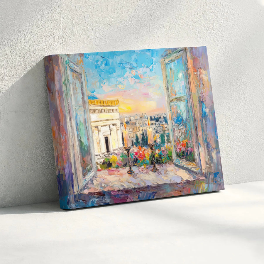 Jerusalem Old City Canvas Wall Art | Impressionist Shabbat Candles Window View | Premium Fade-Resistant Print | Jewish Home Decor Gift