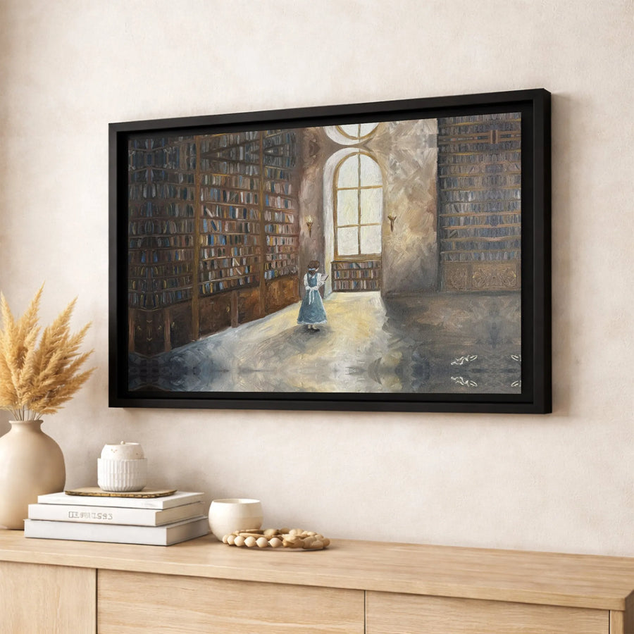 Library Canvas Wall Art | Girl Reading in Sunlit Library Oil Painting | Premium Gallery Wrap Print | Aesthetic Book Lover Home Decor Gift