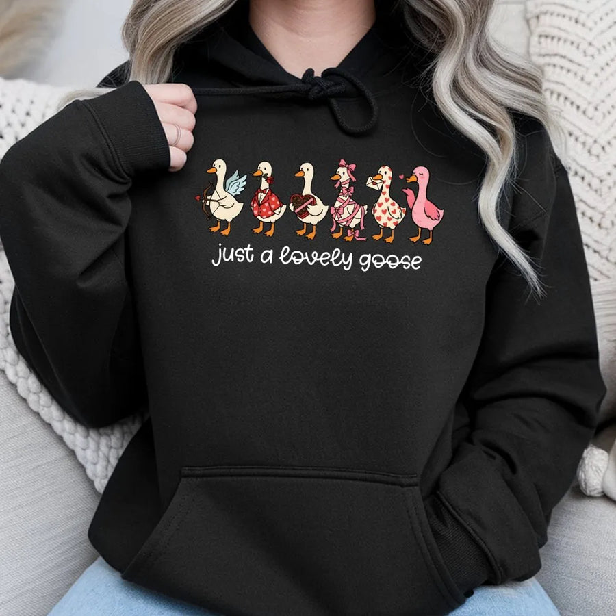 Lovely Goose Graphic Hoodie | Cute Valentine Animal Illustration | Premium Cotton Blend Sweatshirt | Romantic Gift for Her & Him