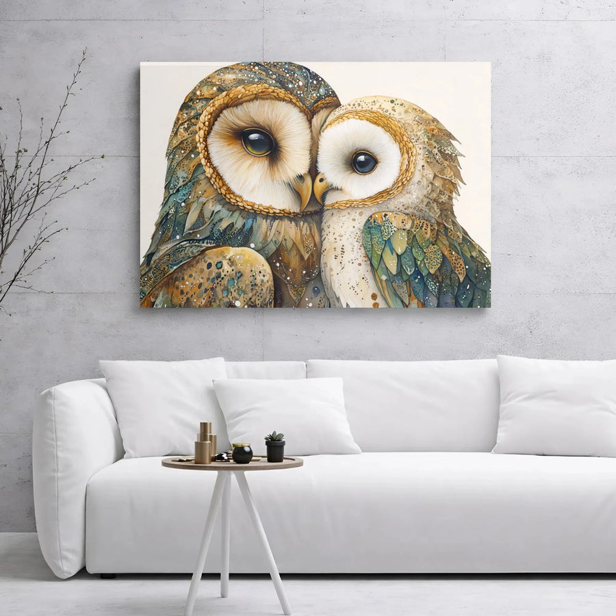 Barn Owl Couple Canvas Wall Art | Whimsical Watercolor Bird Portrait | Premium 1.25 inch Gallery Wrap | Romantic Wildlife Home Decor Gift