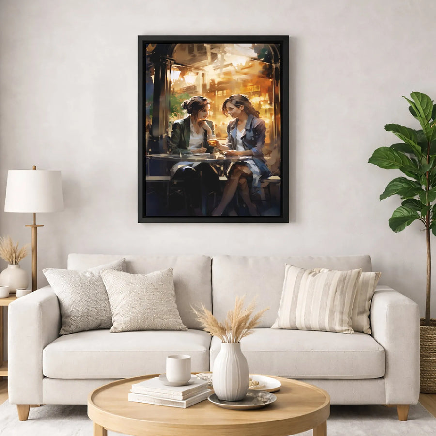 Parisian Cafe Wall Art | Two Women Talking Impressionist Painting | Gallery Wrapped Canvas | Elegant Home Decor Gift