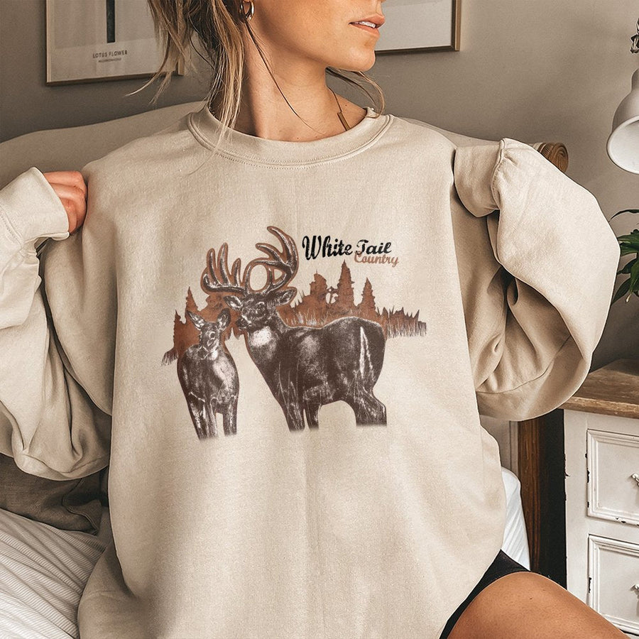 Whitetail Deer Sweatshirt | Vintage Wildlife Forest Graphic | Premium Cotton Blend Crewneck | Outdoorsman Nature Lover Gift