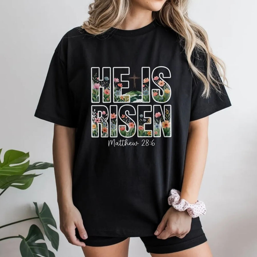 He Is Risen T-Shirt | Floral Cross Graphic with Bible Verse | Soft Cotton Blend Pullover | Christian Easter Gift for Women