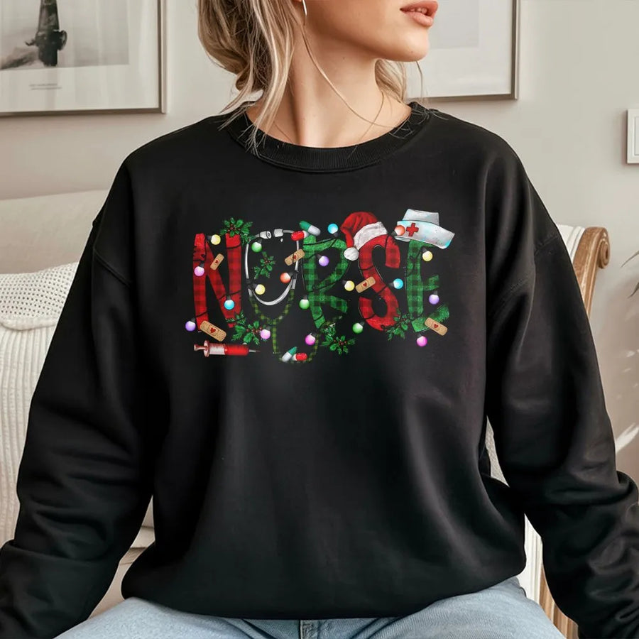 Nurse Christmas Sweatshirt | Buffalo Plaid Medical Festive Design | Premium Cotton Blend | Holiday Gift for Nurses and Nursing Students