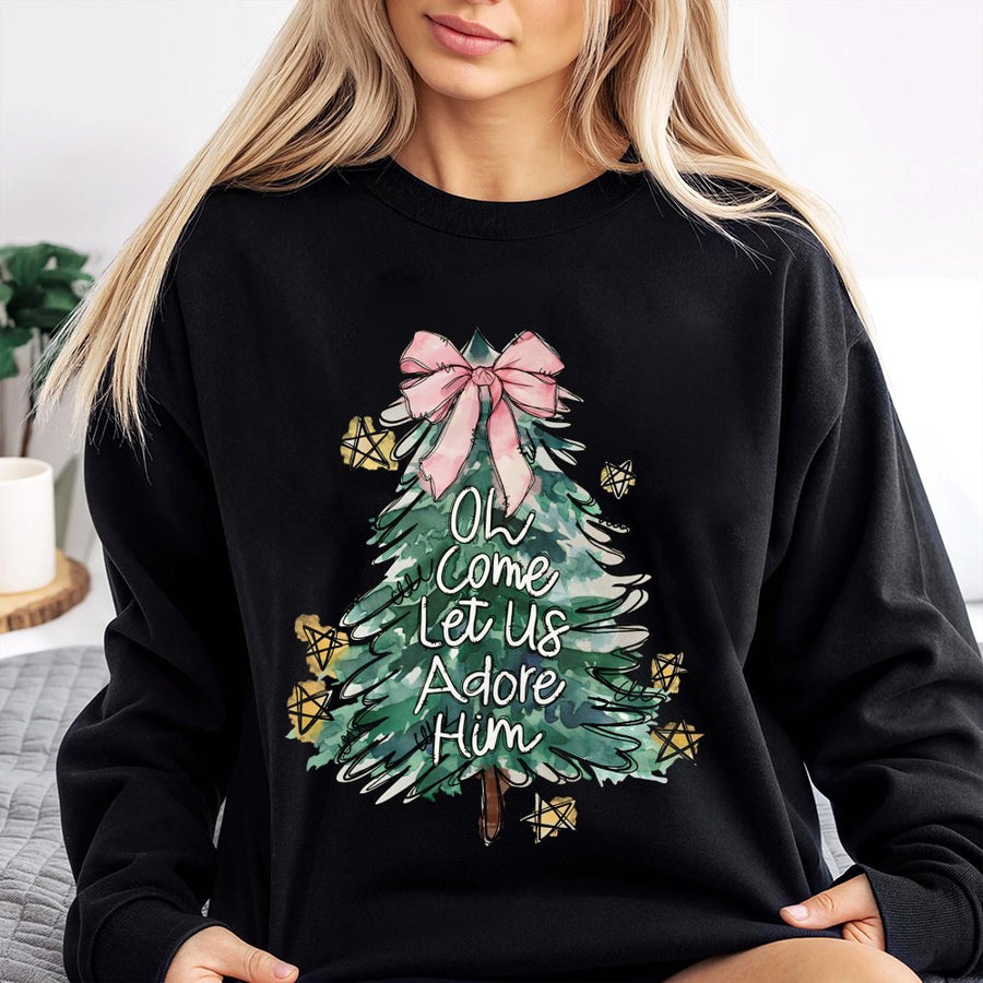 Oh Come Let Us Adore Him Sweatshirt | Coquette Aesthetic Christmas Tree Design | Premium Cotton-Poly Blend | Religious Christian Holiday Gift