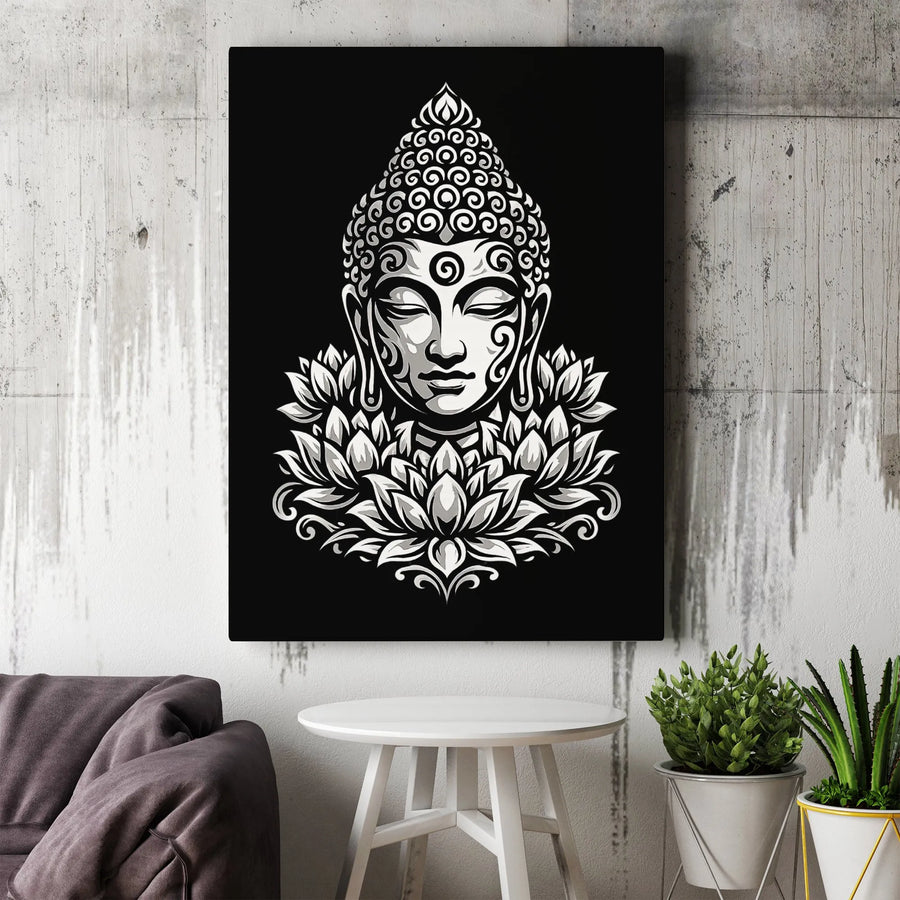 Buddha Canvas Wall Art | Black and White Lotus Illustration | Premium 1.25" Thick Gallery Wrapped Canvas | Spiritual Gift for Meditation Room