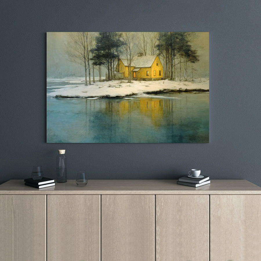 Winter Cabin Canvas Print | Yellow Farmhouse in Snowy Landscape | Gallery Wrapped 1.25 Inch Thick Wall Art | Seasonal Nature Decor for Living Room