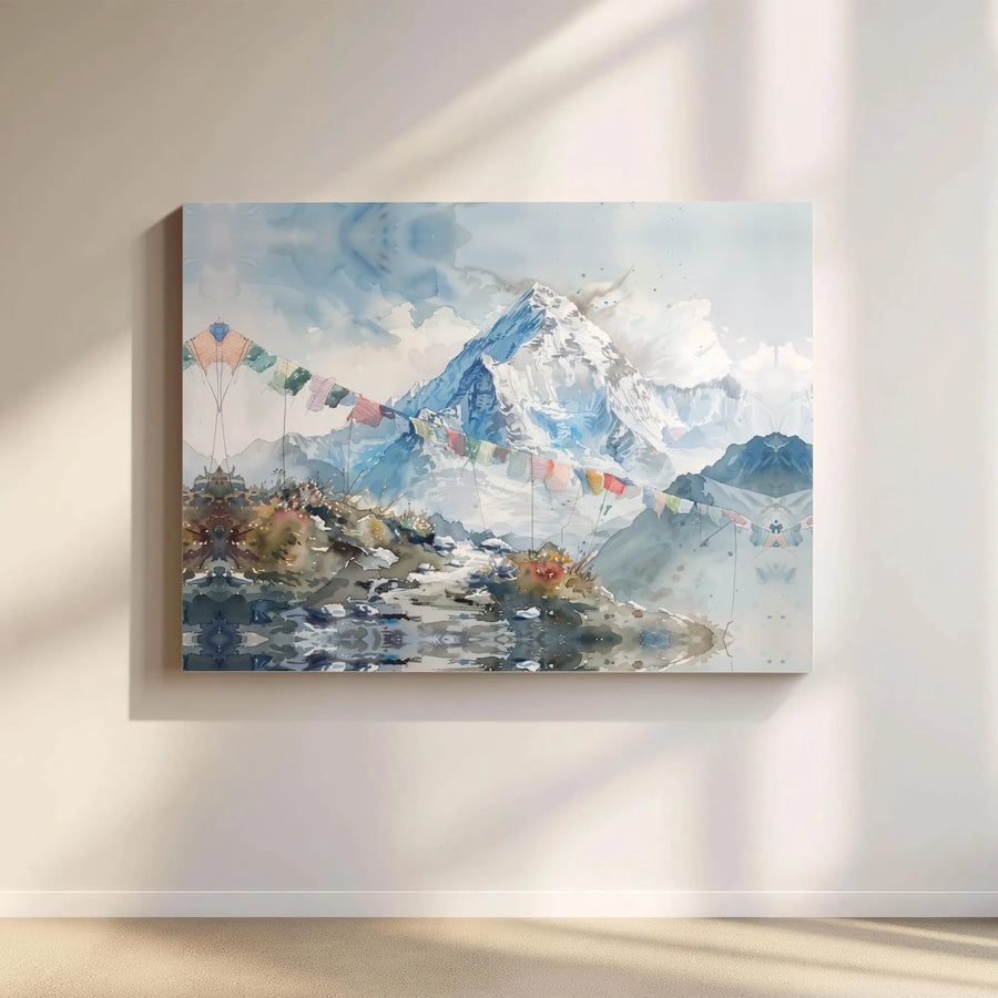 Himalayan Mountain Landscape Canvas | Watercolor Tibetan Prayer Flags Art | Premium Gallery Wrap Print | Zen Home Decor Gift for Travelers