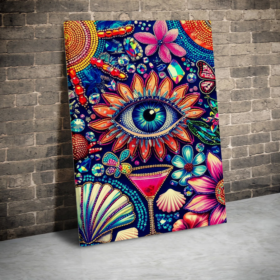 Bohemian Evil Eye Canvas Print | Psychedelic Jewel Floral Wall Art | Premium 1.25 Inch Gallery Wrap | Spiritual Home Decor Gift