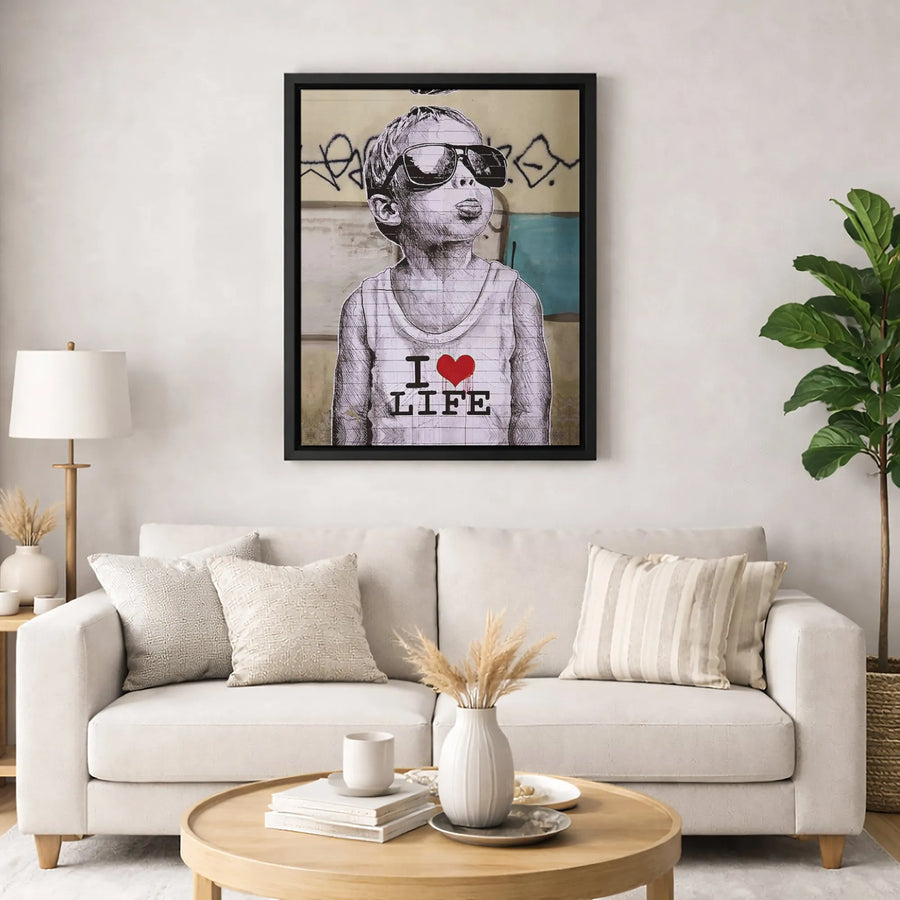 I Love Life Graffiti Canvas Art | Street Style Boy with Sunglasses | Gallery-Wrapped Premium Print | Modern Urban Wall Decor for Home Office