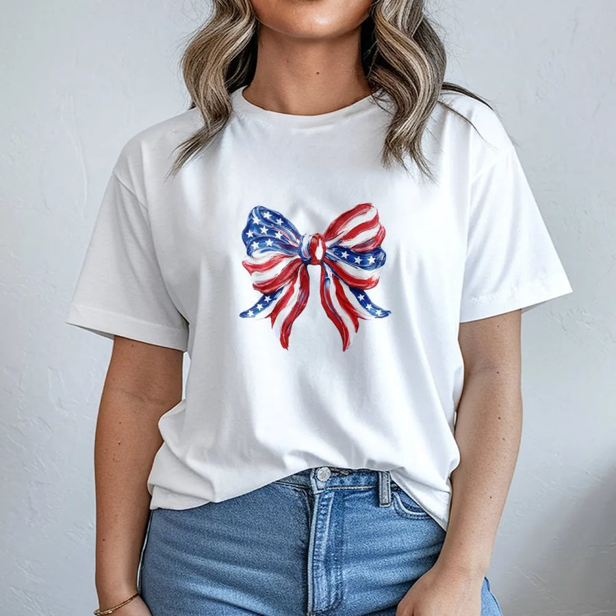 American Flag Bow T-Shirt | Coquette Patriotic Graphic Pullover | Soft Unisex Crewneck | 4th of July Independence Day Gift for Her