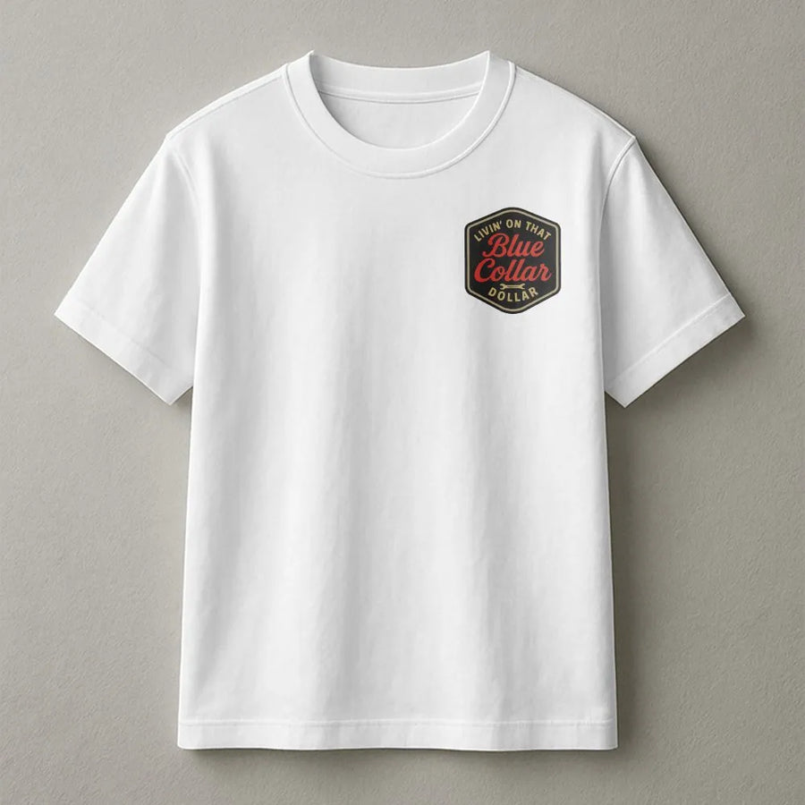 Blue Collar Dollar T-Shirt | Vintage Workwear Badge Graphic | 100% Cotton Premium Tee | Hard Working Man Gift for Dad