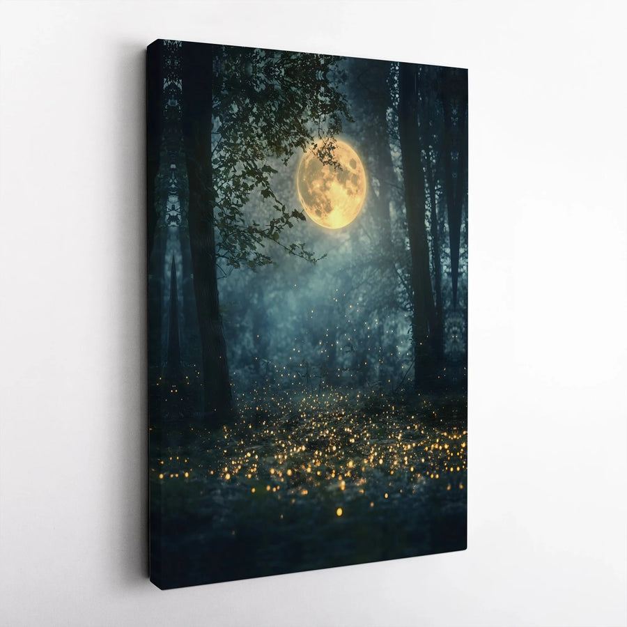 Enchanted Forest Canvas Wall Art | Mystical Full Moon & Fireflies Scene | Premium Gallery Wrapped Canvas | Modern Fantasy Home Decor Gift
