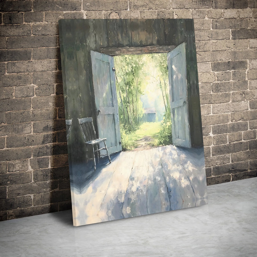 Rustic Barn Door Canvas Wall Art | Open Doorway Sunlit Forest Path Painting | Premium Gallery Wrap Decor | Farmhouse Interior Home Gift