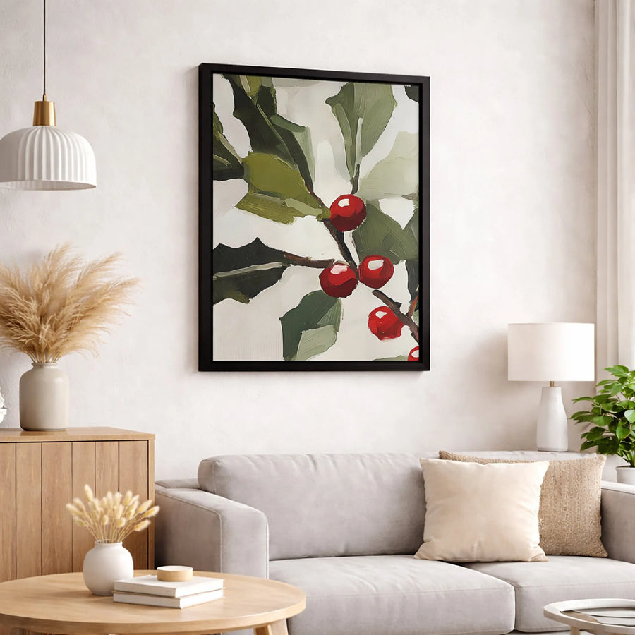 Abstract Christmas Holly Canvas Wall Art | Minimalist Red Berry Botanical Print | Gallery-Quality 1.25" Profile | Holiday Home Decor Gift