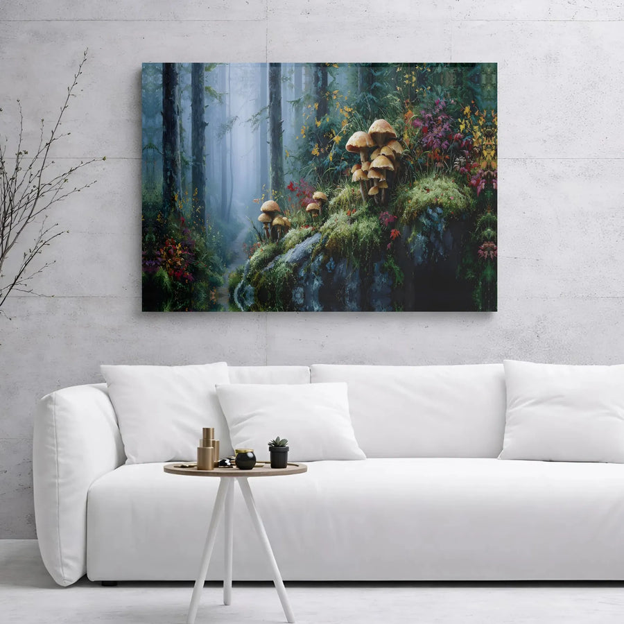 Misty Forest Canvas Wall Art | Magical Woodland Mushroom Scene | Premium Gallery Wrap Print | Nature-Inspired Home Decor Gift