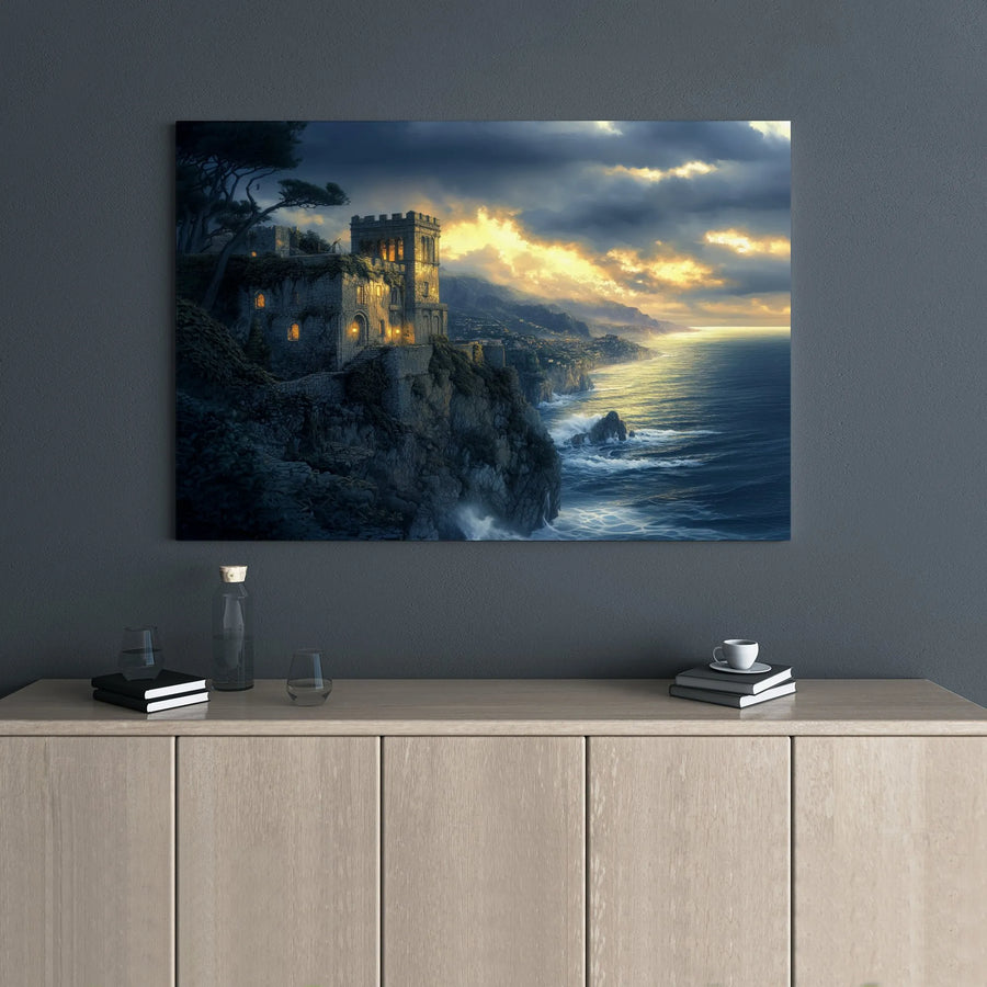 Castle on Cliff Canvas Wall Art | Moody Coastal Sunset Landscape | Gallery Wrap Premium Print | Dreamy Home Decor Gift