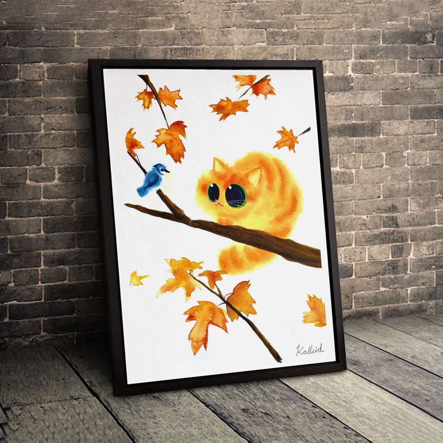 Autumn Cat Canvas Print | Cute Watercolor Ginger Cat and Blue Bird Wall Art | Premium Gallery Wrapped Decor | Fall Whimsical Home Gift