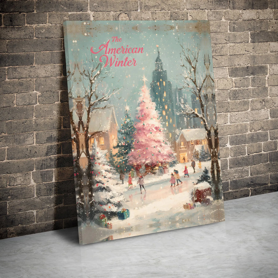 American Winter Canvas Wall Art | Vintage Christmas Ice Skating Scene | Premium 1.25" Gallery Wrap | Holiday Home Decor Gift