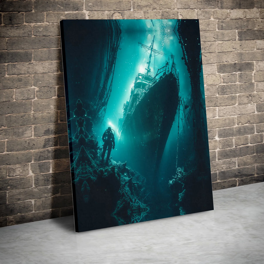 Deep Sea Shipwreck Canvas Print | Mysterious Underwater Exploration Art | Premium Gallery Wrapped Canvas | Nautical Home Decor Gift for Divers