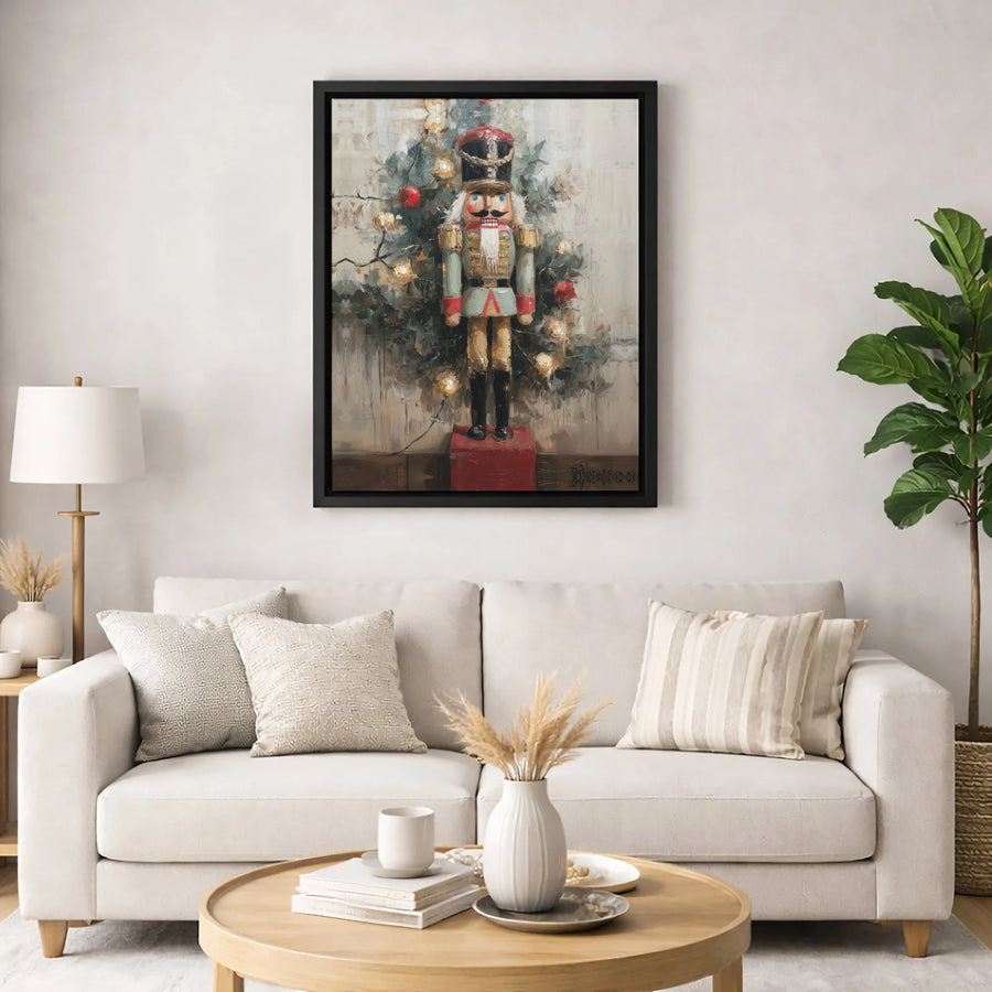 Vintage Nutcracker Canvas Wall Art | Christmas Tree With Warm Lights | Premium Fade-Resistant Gallery Wrap | Festive Holiday Decor Gift